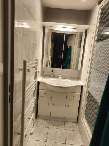 une salle de bain avec un lavabo et un miroir dans l'établissement Appartement 3 chambres Quartier des Falaises Le Cap d'Agde, au Cap d'Agde