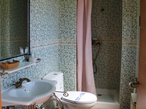 塞爾韋拉的住宿－HOSTAL LA SAVINA，一间带水槽、卫生间和淋浴的浴室