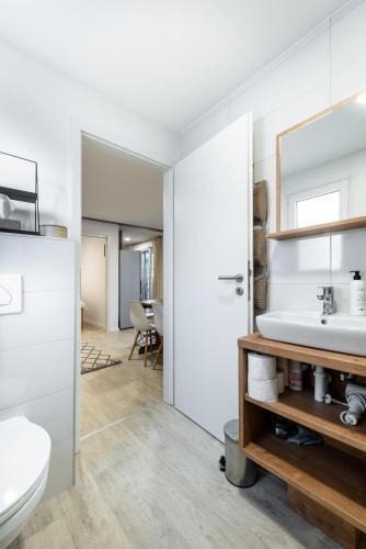 a bathroom with a sink and a toilet at Tiny home Rubi in Oaza Mira resort in Drage