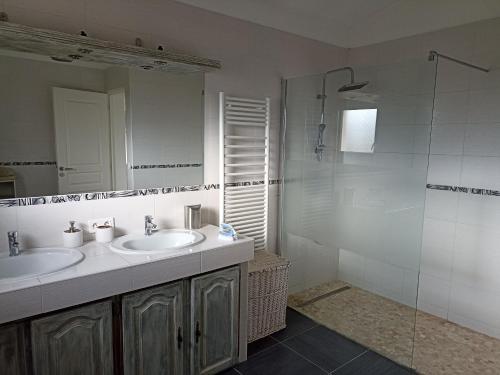 une salle de bain avec deux lavabos et une douche dans l'établissement La tranquilité, à Saint-Cézaire-sur-Siagne