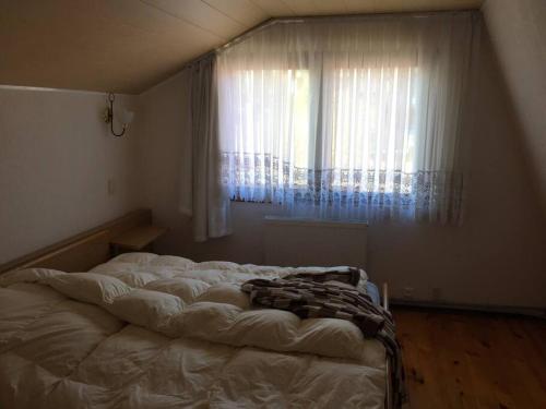 a large bed in a bedroom with a window at WhiteForShymbulak in Besqaynar