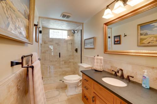a bathroom with a toilet and a sink and a shower at Pet-Friendly Pennsylvania Vacation Rental with Pool! in Laughlintown