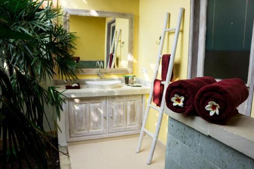 a bathroom with a sink and a mirror with towels at Kuda Laut Bungalows & Diving in Pemuteran