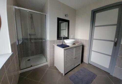 ein Bad mit einem Waschbecken, einer Dusche und einem Waschbecken in der Unterkunft La Vallée in Créances