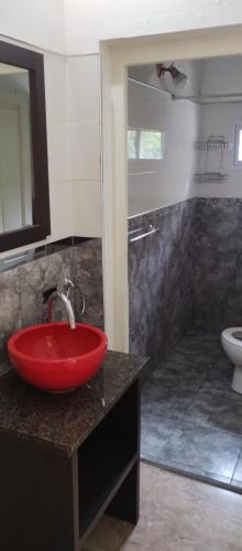 La salle de bains est pourvue d'un lavabo rouge et de toilettes. dans l'établissement Canela House, à Huerta Grande