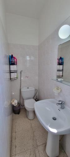 a bathroom with a white sink and a toilet at Astrofegia Apartments Near The Sea in Ayia Marina