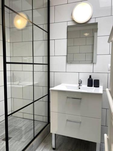 une salle de bain blanche avec un lavabo et une douche dans l'établissement Maison 2 chambres port de plaisance, au Le Verdon-sur-Mer