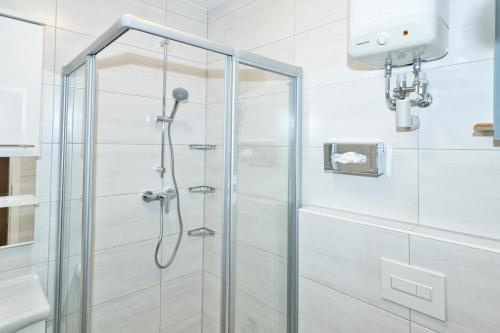 um chuveiro com uma porta de vidro na casa de banho em Residenz Albatros em Cuxhaven