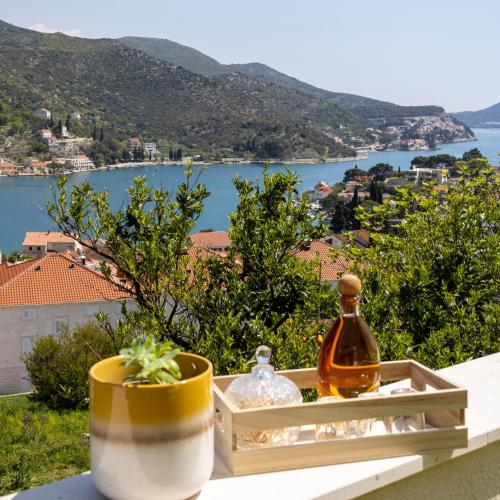 a bottle of wine and a pot on a table with a view at Apartmani Radovac in Zaton