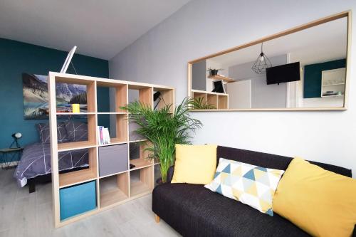 salon z czarną kanapą i lustrem w obiekcie Cosy 30m in the heart of Villeurbanne w mieście Villeurbanne