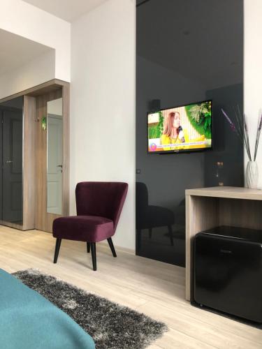 a living room with a tv on a wall at Pensiunea Lido in Piatra Neamţ