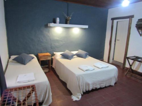 1 dormitorio con 2 camas y pared azul en Yporá Lodge en Colonia Carlos Pellegrini