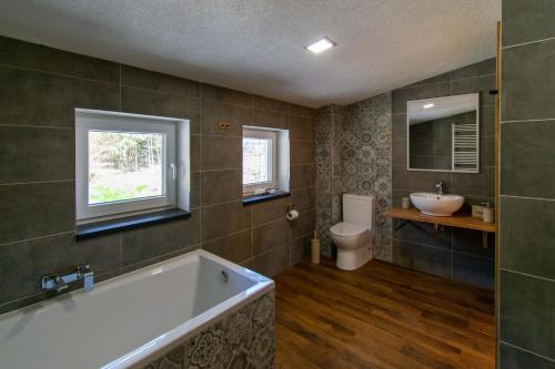 een badkamer met een bad, een toilet en een wastafel bij Chalupa u Bedrnů in Rybniště