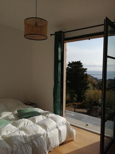 une chambre avec un lit et une grande fenêtre dans l'établissement Villa Hugo, à Brando