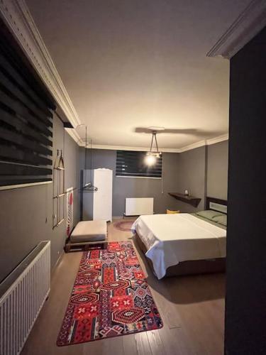 1 dormitorio con cama y alfombra en Şehrin merkezinde otoparklı bina, en Estambul