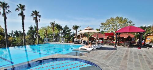 uma piscina num resort com palmeiras em Jeju I've Hotel & Resort em Seogwipo