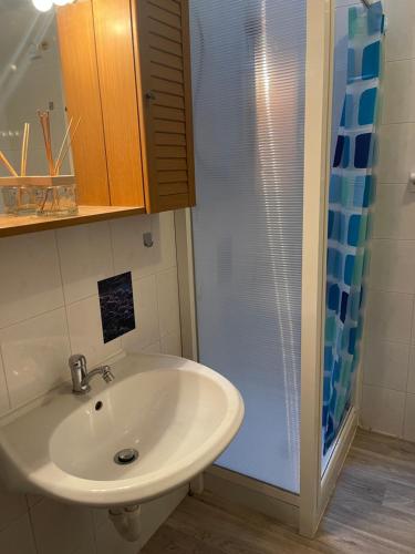 a bathroom with a sink and a shower at Casa Conchiglia - Aprilia Marittima - Corte Grande in Aprilia Marittima