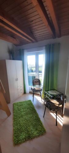 a living room with a green rug and a window at Ferienhaus-Bodden in Saal