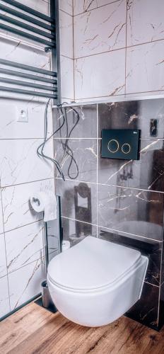 a white toilet in a bathroom with marble walls at Górskie Chatki Krysi i Piotrka Perłowy in Stronie Śląskie
