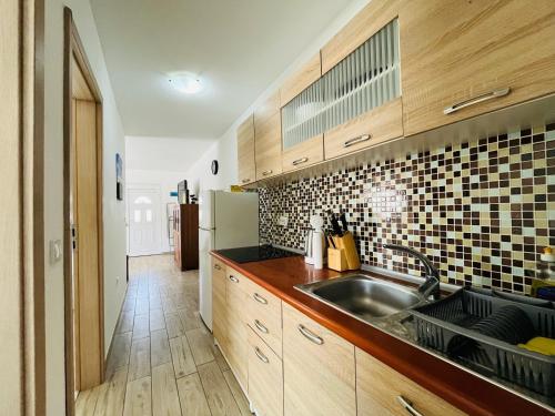 a kitchen with a sink and a refrigerator at Apartman Bobovik in Vir