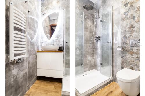a bathroom with a shower and a toilet at HOUSEHOST Apartment:Bracka 3/15B in Krakow