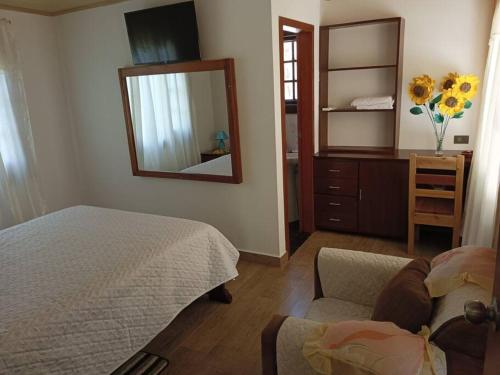 1 dormitorio con cama, espejo y silla en El Rancho Viejo de José, suit de una habitación, en Cusúa