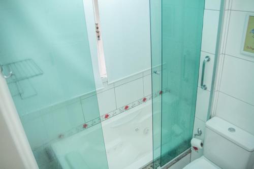 a bathroom with a glass shower and a toilet at Vale das Maritacas Teresópolis in Teresópolis
