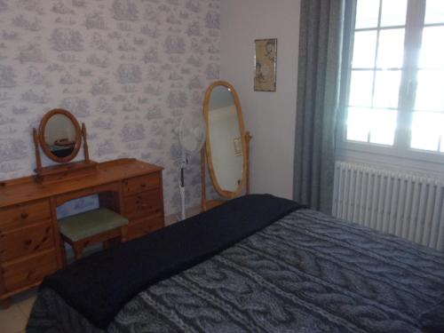 um quarto com uma cama, uma cómoda e um espelho em Appartement du Pont neuf em Villegailhenc