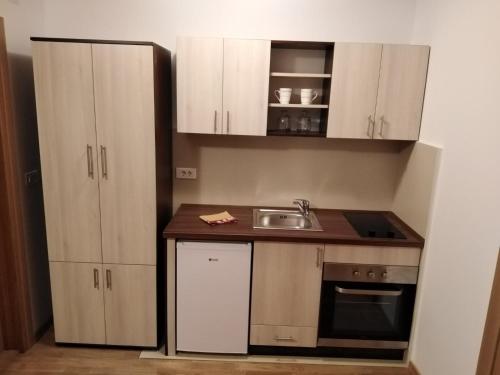 uma pequena cozinha com armários brancos e um lavatório em Šarm studio 301 em Zlatibor