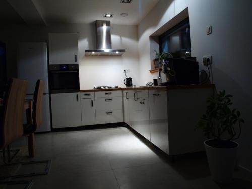 a kitchen with white cabinets and a stove top oven at Panorama Racławicka Domek Willa Basen Agroturystyka in Janowiczki