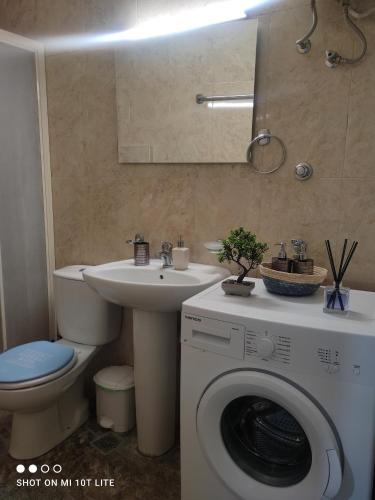 een badkamer met een wasmachine en een wastafel bij SMALL AND COMFORTABLE APARTMENT VATHI SAMOS in Vathý