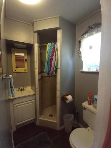 a bathroom with a shower and a toilet and a sink at Bigfoot RV & Cabins Park in Happy Camp
