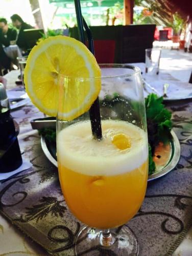 a glass of orange juice with a slice of lemon at Villa Bella Boutique Hotel in Kavadarci