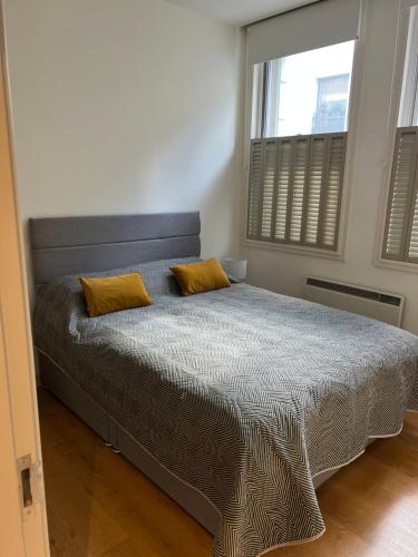 1 dormitorio con 1 cama con 2 almohadas amarillas en Central Chelsea 1 Bedroom, en Londres