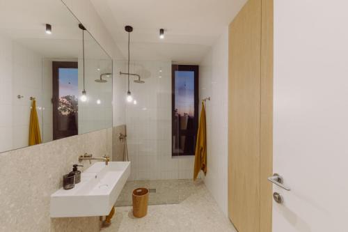 a bathroom with a sink and a mirror at D-Tree HOUSE private heated pool in Potocnica