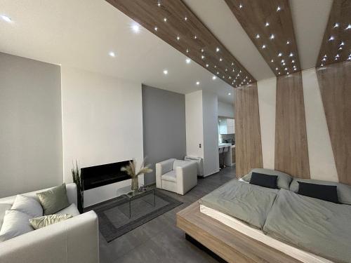 een slaapkamer met een bed, een bank en een tv bij Imagine Budapest Premium Apartment in Boedapest
