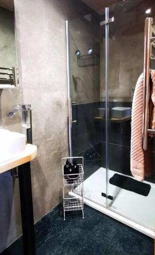 a bathroom with a shower with a glass door at Gwynn Lodge in Newquay