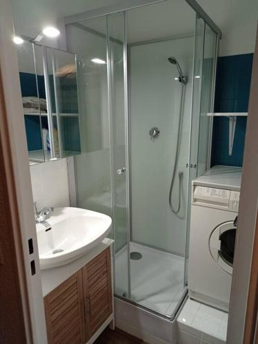 une salle de bain avec une douche et un lavabo et une douche dans l'établissement Appartement rénové avec parking plein centre, à Samoëns