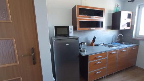 a small kitchen with a refrigerator and a microwave at Apartament Marzanna in Spytkowice