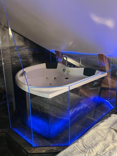 a boat in a glass case in a room at Etage flat Stockholm Stora Essingen in Stockholm