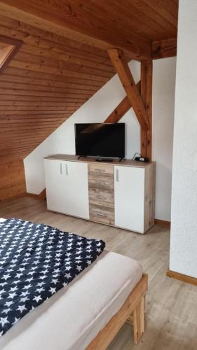 a bedroom with a bed and a flat screen tv at 3 Zimmer Dachgeschosswohnung in Bayreuth