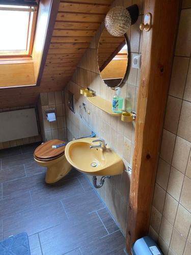 a bathroom with a sink and a toilet at 3 Zimmer Dachgeschosswohnung in Bayreuth