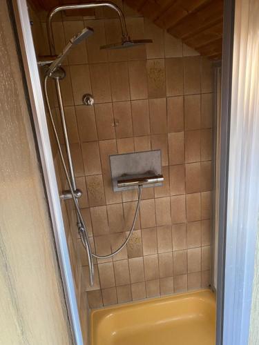 a shower in a bathroom with a yellow tub at 3 Zimmer Dachgeschosswohnung in Bayreuth
