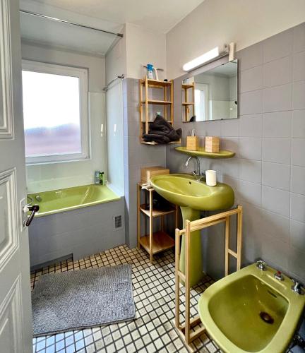 La salle de bains est pourvue d'un lavabo vert et d'une baignoire. dans l'établissement Seppala charmant appartement, à Colmar