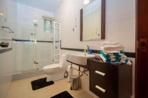 een badkamer met een toilet, een wastafel en een douche bij Crystal Cove Oceanfront/ 2 bedroom Condo in Ocho Rios