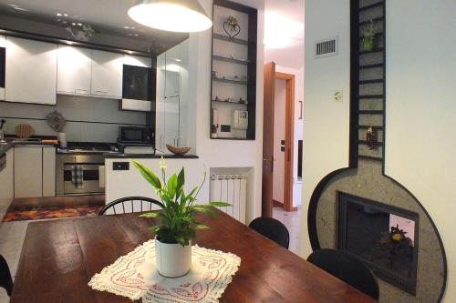 蒙特卡蒂尼泰爾梅的住宿－7 Panorama，厨房以及带桌子和壁炉的用餐室。