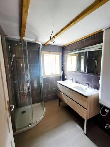 une salle de bain avec une baignoire, un lavabo et une douche dans l'établissement LA GRANGE AUX 5 SENS, à Walscheid