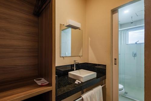 W łazience znajduje się umywalka i lustro. w obiekcie Hotel Santos Dumont Aeroporto SLZ w mieście São Luís
