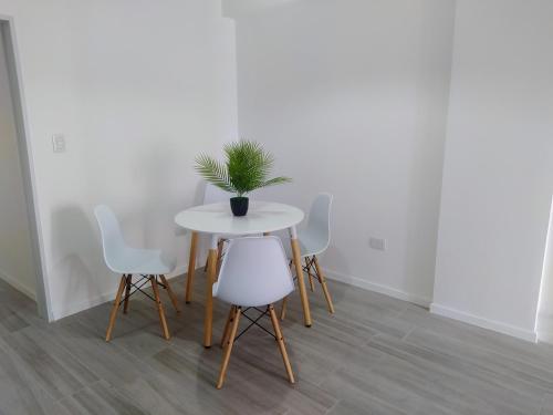 une table blanche et des chaises avec une plante dessus dans l'établissement Departamento temporal, à Santa Fe