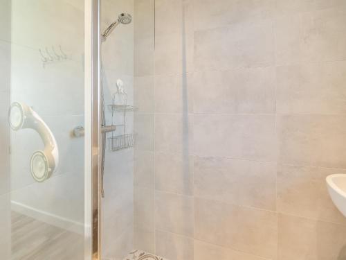 una ducha con una puerta de cristal junto a un lavabo en Uk43574 - Fern Cottage, en Begelly